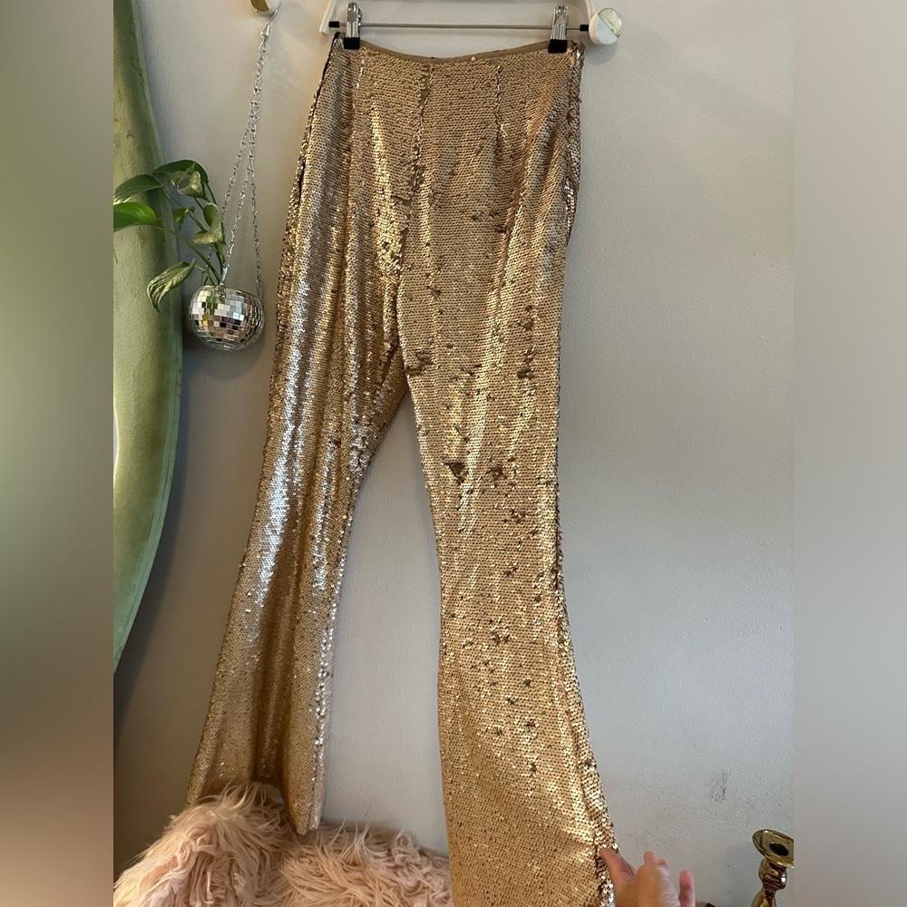 Rose gold, sequin flare pants peace + love size 6 UK 10 10B NWT - Picture 3 of 5